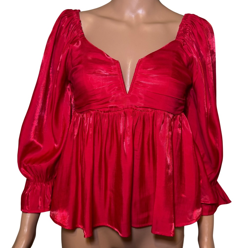 Entro Red Metallic V Neck Smocked Back Peplum Blouse Women's Size S